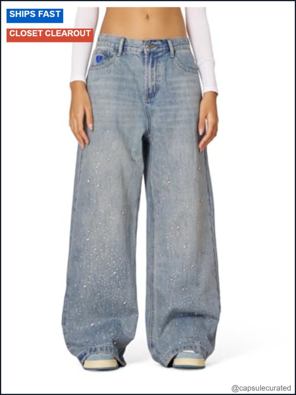 Rhinestone Application Loose Jeans Oversized High Waist Casual Baggy Denim Pants